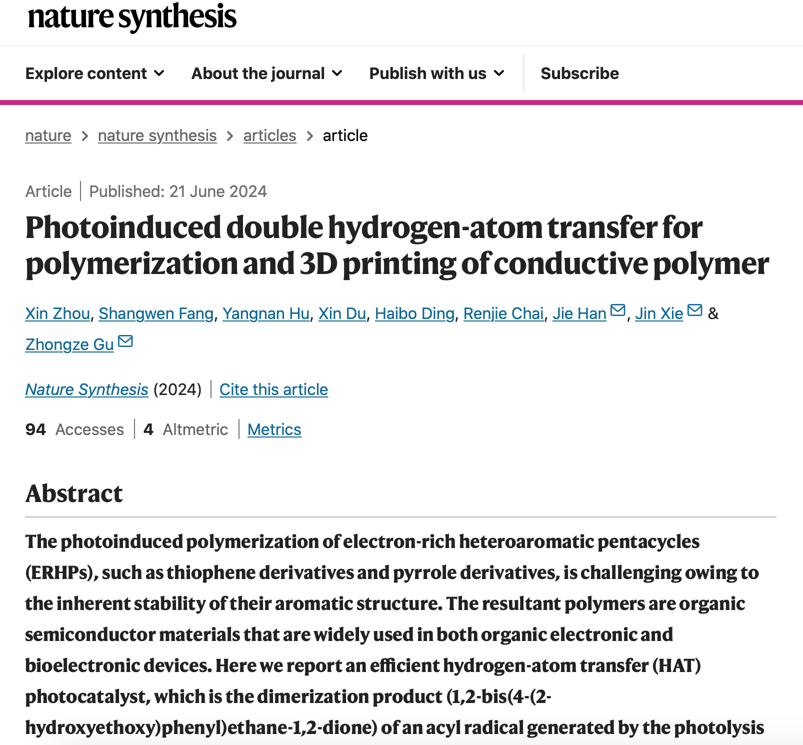 Nature Synthesis报道：顾忠泽/谢劲团队合作首创导电聚合物双光子聚合技术突破导电聚合物