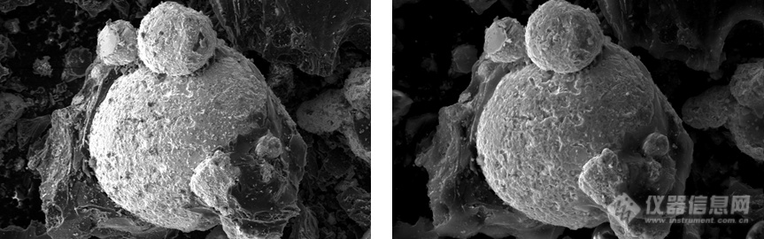 图5-14  碳银混合材料在5kV（左）、20kV（右）电压下的SE图像 