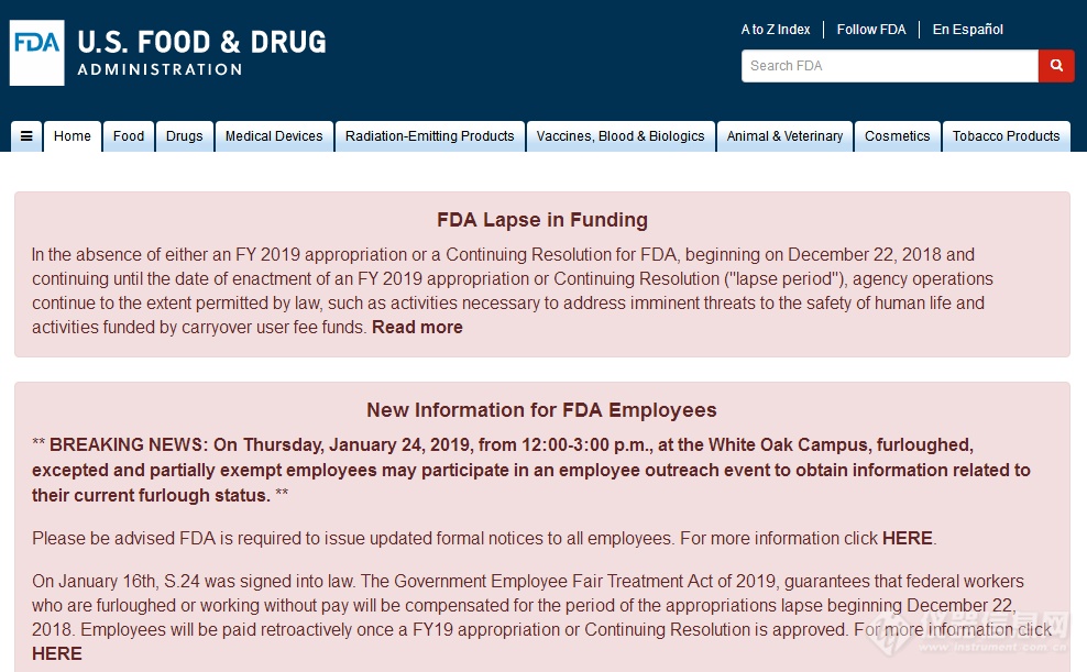 FDA官网发布资金缺乏、被解雇人员补偿等相关申明