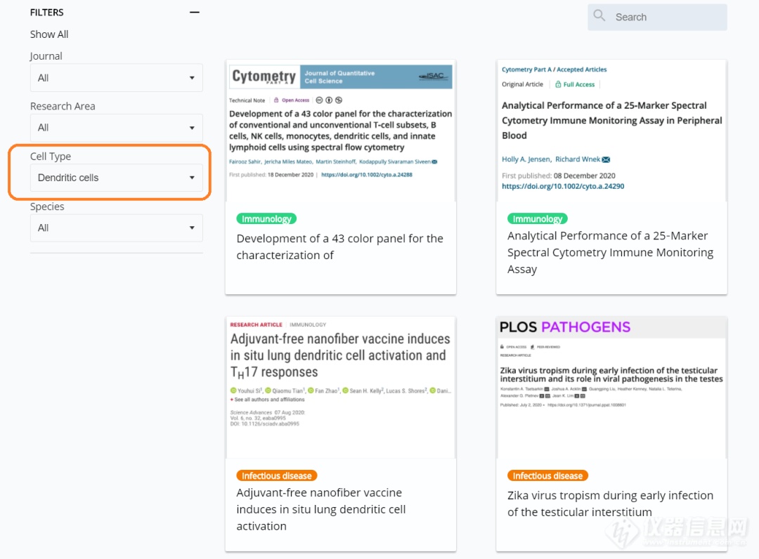 文章数量增长迅猛，Cytek新增搜索功能，可快速锁定目标研究领域