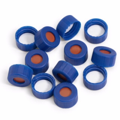 2ml进样瓶/样品瓶瓶盖，螺口，蓝色，PTFE/红色硅橡胶隔垫，6mm空心