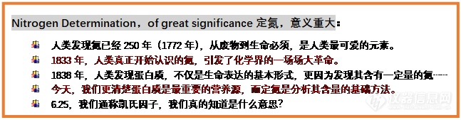 文本框: Nitrogen Determination，of great significance定氮，意义重大：   人类发现氮已经250年（1772年），从废物到生命必须，是人类最可爱的元素。   1833年，人类真正开始认识的氮，引发了化学界的一场场大革命。   1838年，人类发现蛋白质，不仅是生命表达的基本形式，更因为发现其含有一定量的氮……   今天，我们更清楚蛋白质是最重要的营养源，而定氮是分析其含量的基础方法。   6.25，我们通称凯氏因子，我们真的知道是什么意思？ 