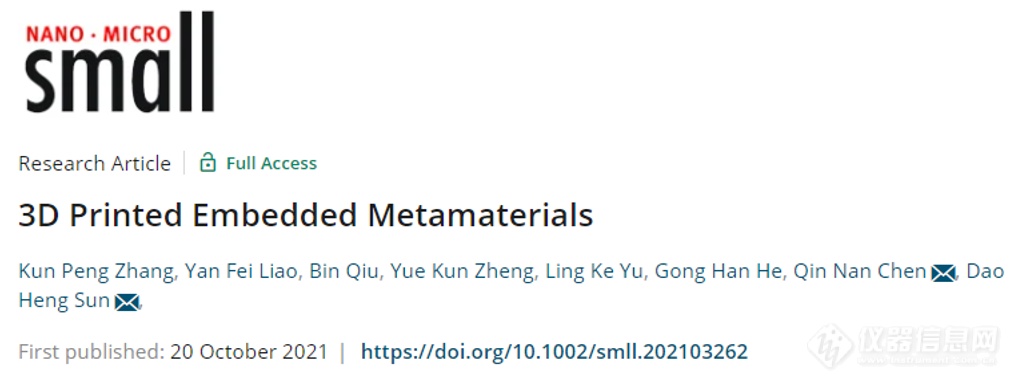 厦大孙道恒教授课题组《Small》：在超材料制造领域取得新进展