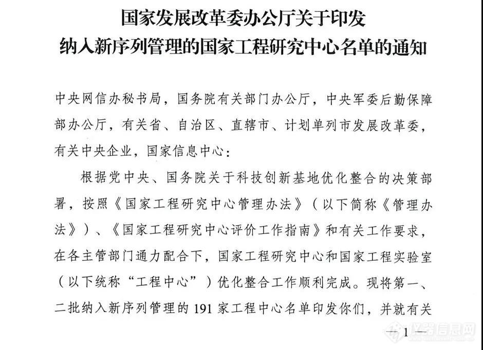 191个 | 国家工程研究中心入选名单公布