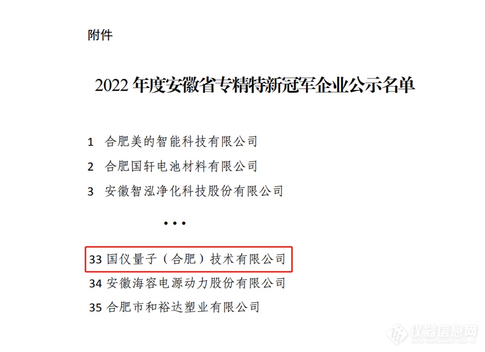 国仪量子获评2022年度安徽省专精特新冠军企业