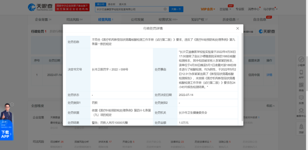 长沙艾迪康医学检验实验室被罚款1万元.png