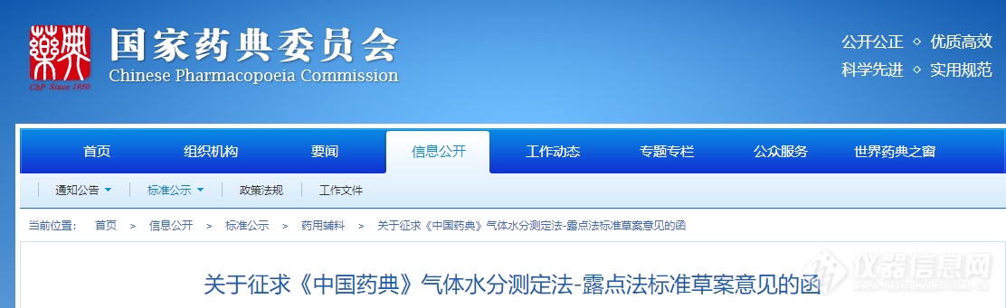 关于征求《中国药典》气体水分测定法-露点法标准草案意见的函