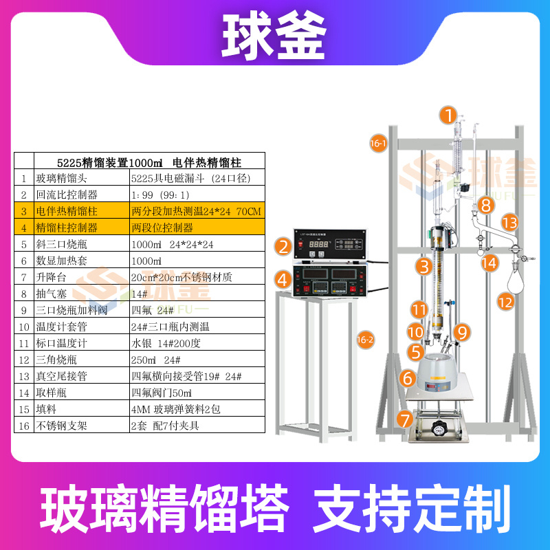 玻璃精馏塔实验5225精馏装置减压蒸馏电加热精馏柱精馏釜