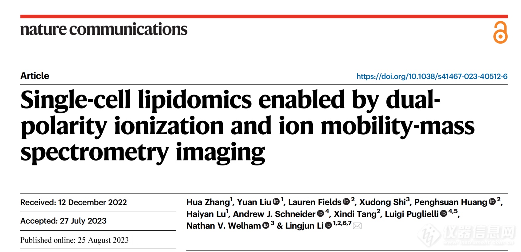 李灵军团队自然通讯成果：离子淌度结合双极性离子化质谱成像揭示单细胞脂质特异性