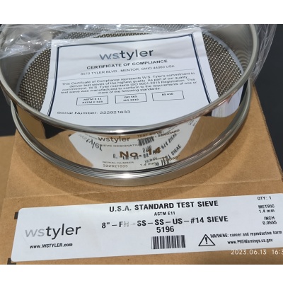 Tyler试验筛 不锈钢直径8英寸（203mm） 泰勒筛14号12目 筛孔1.4mm货号5196