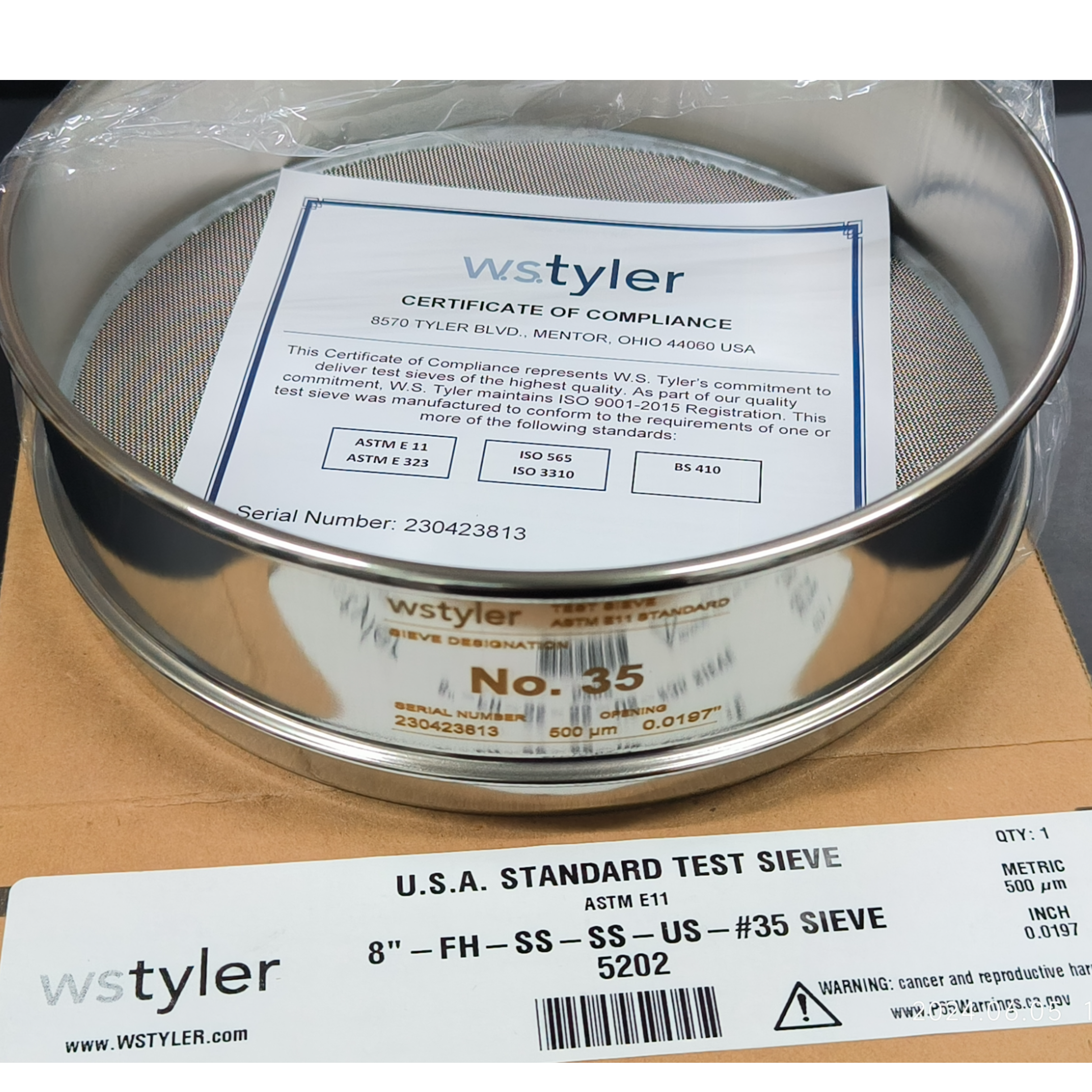 美国Tyler试验筛不锈钢 直径8英寸 泰勒筛35号32目 筛孔500微米 货号5202