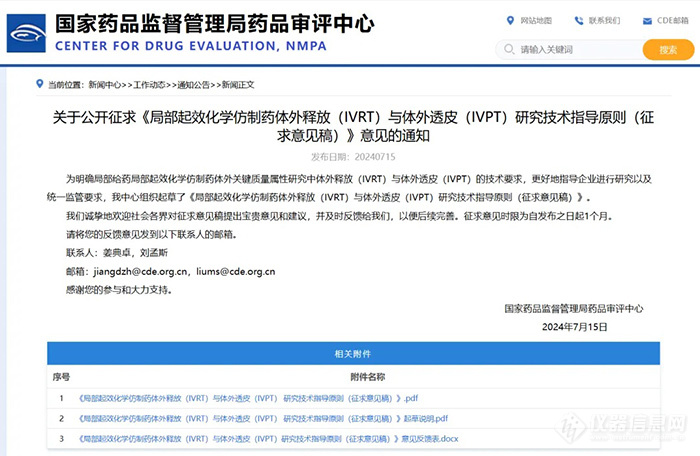 关于公开征求《局部起效化学仿制药体外释放（IVRT）与体外透皮（IVPT）研究技术指导原则（征求意见稿）》意见的通知