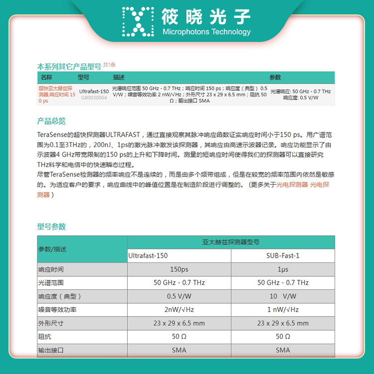 超快亚太赫兹探测器,响应时间 1us