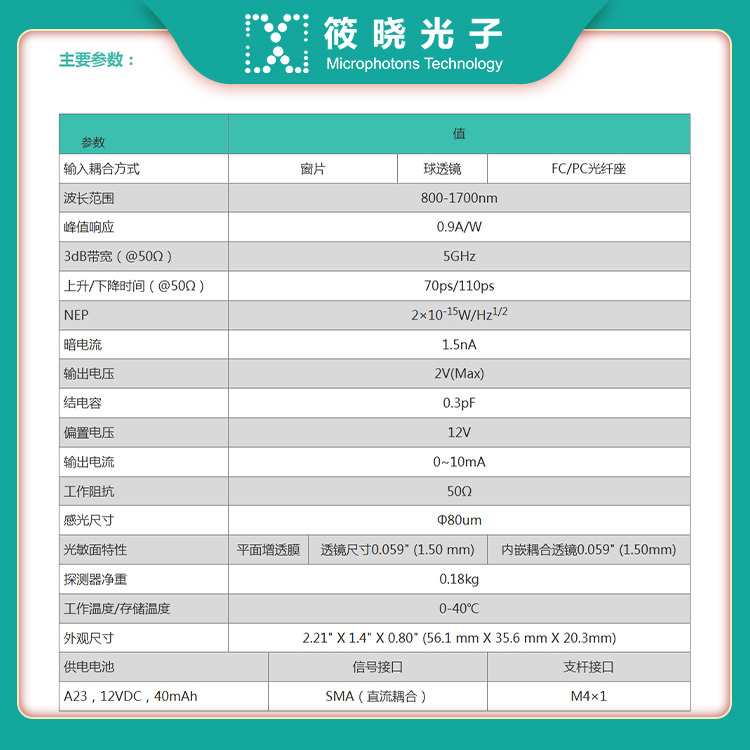 800-1700nm高速型铟镓砷偏压光电探测器，输入耦合方式为窗片