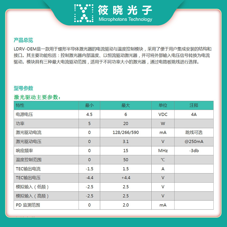 633nm窄线宽PZT波长可调谐模块(蝶形半导体激光器电流驱动与温度控制模块) 