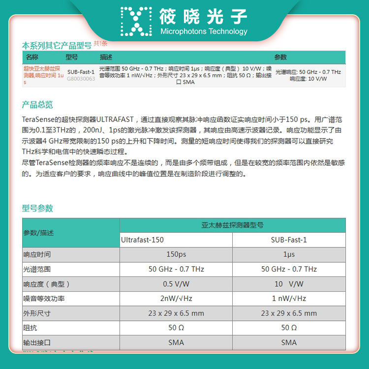 超快亚太赫兹探测器,响应时间 150 ps