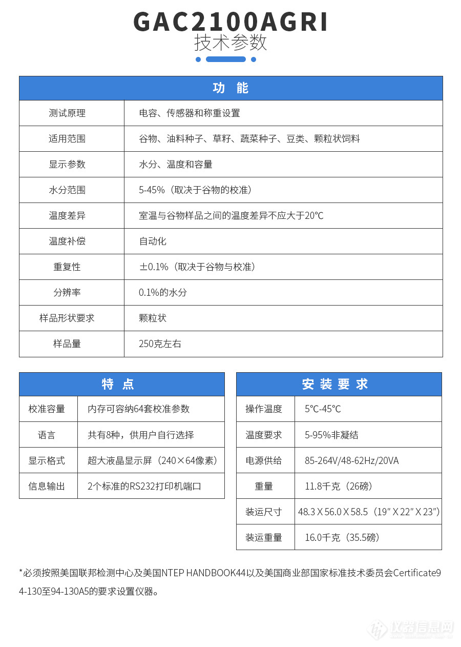 美国帝强GAC2100BLUE型高精度快速谷物水分测定仪