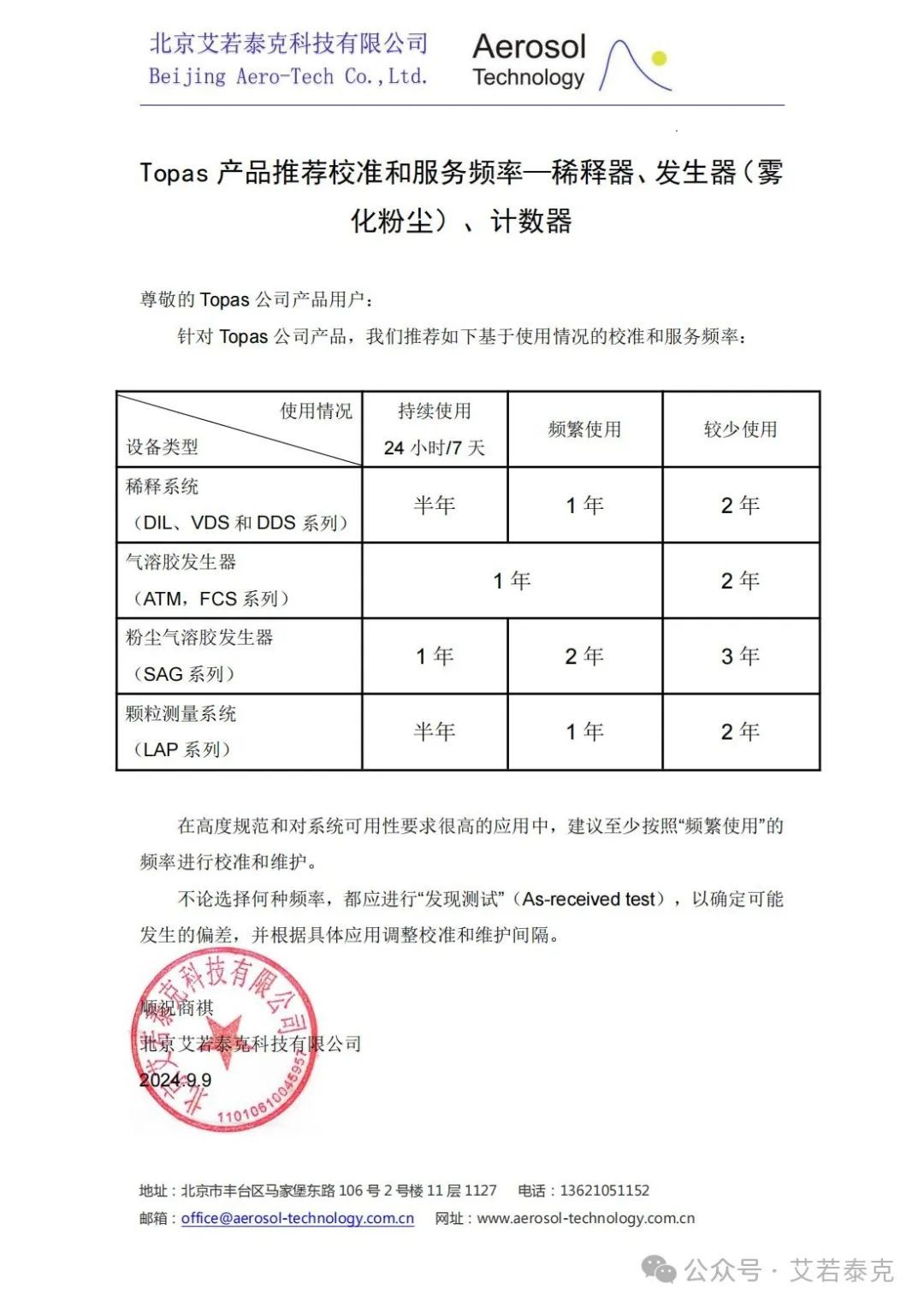 Topas产品校准和服务频率—稀释器、发生器（雾化粉尘）、计数器