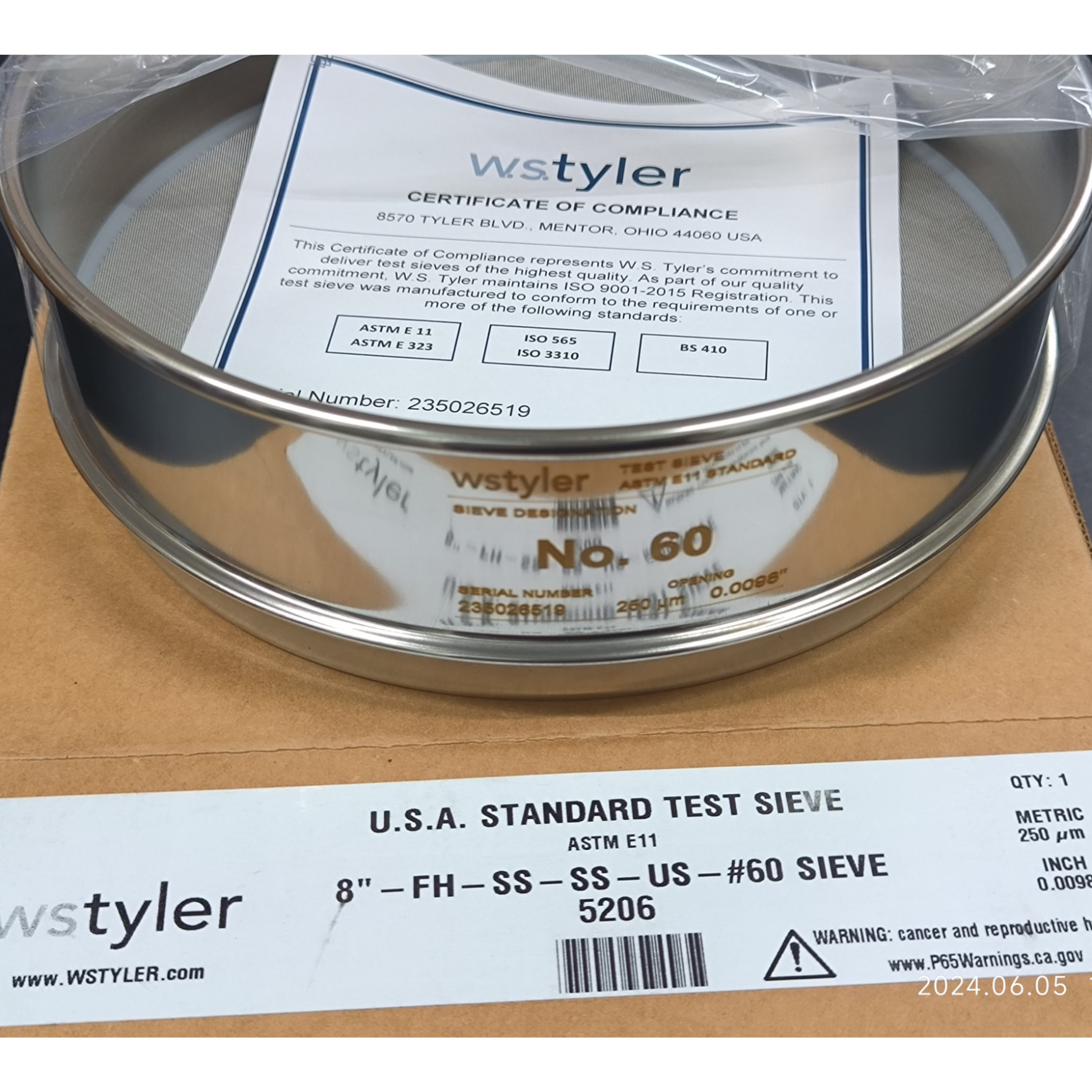 美国Tyler泰勒筛60号60目 筛孔250微米 不锈钢试验筛 直径8英寸(203mm) 货号5206