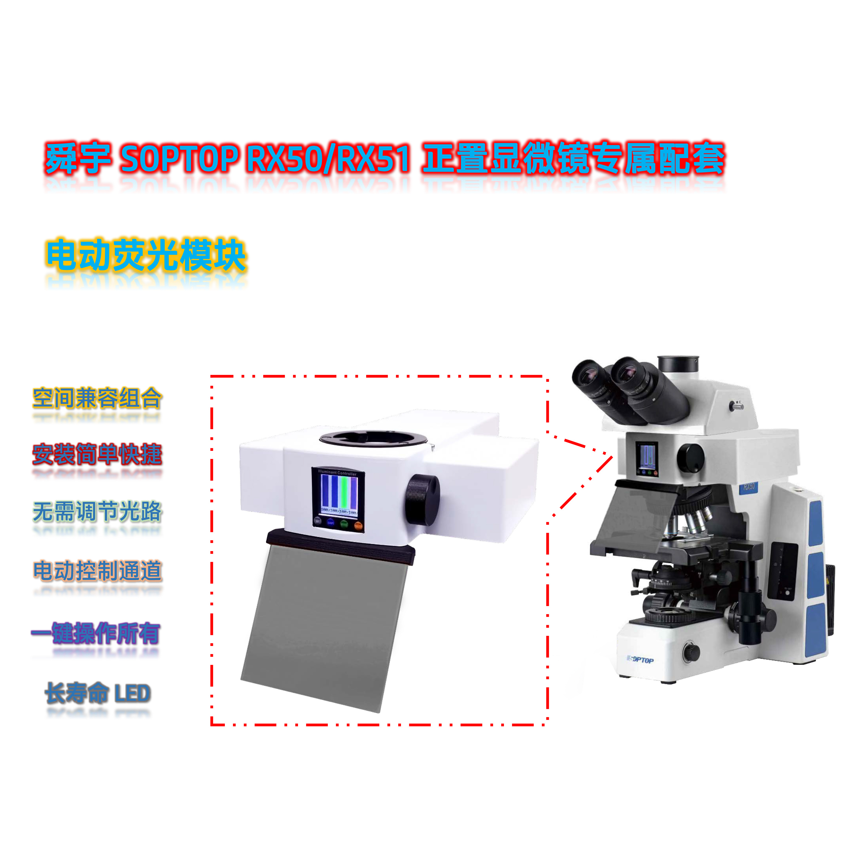 莱特舜宇SOPTOP RX50显微镜用LED光源荧光附件电动荧光模块RX-UVBGY-E_报价 - 广州市莱特光电技术有限公司