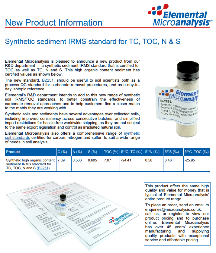 新产品:高有机合成沉积物同位素比质谱(IRMS)标准物质B2251,TOC/TC/N/S认证_北京晨蕾科技开发有限公司