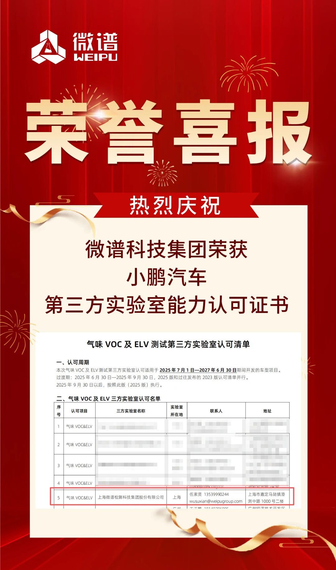 喜讯 | 热烈祝贺微谱实验室获得小鹏汽车第三方实验室能力认可证书！