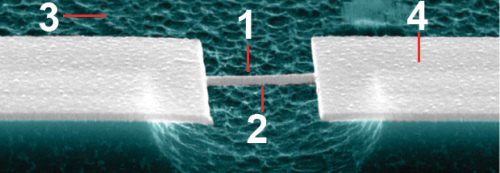 最微小天平由4部分组成，金属层(1)位于一个金刚砂层(2)之上，附着于一个硅衬底(3)以及微型支架(4)