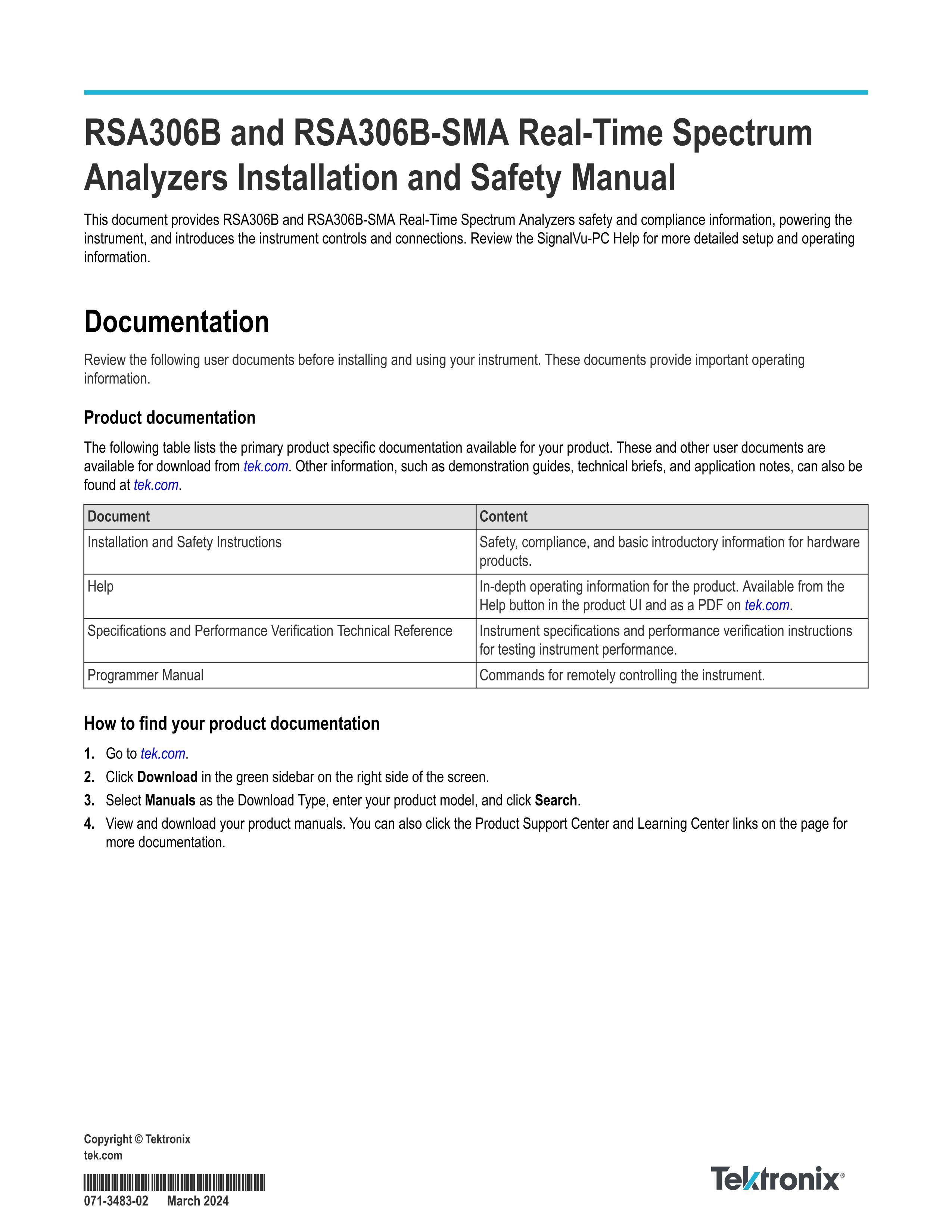 RSA306B and RSA306B-SMA Real-Time Spectrum Analyzers Installation and Safety Manual1ҳ