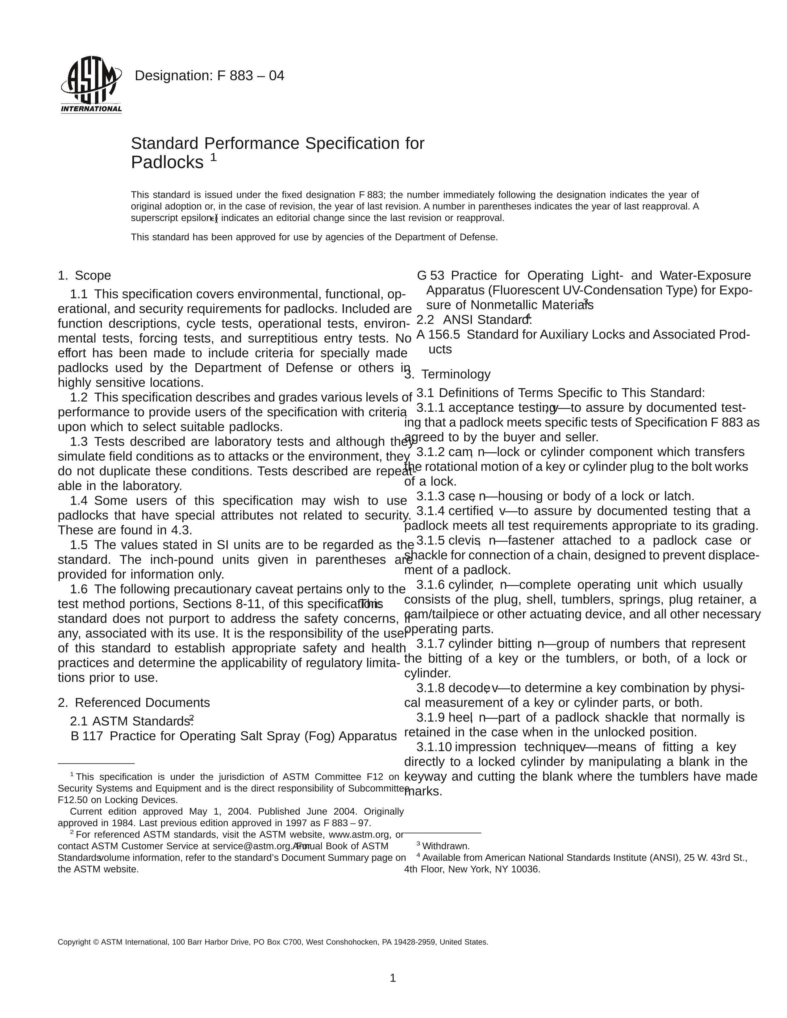 ASTM F883-2004 Standard Performance Specification for Padlocks(ı׼Թ淶.pdf1ҳ