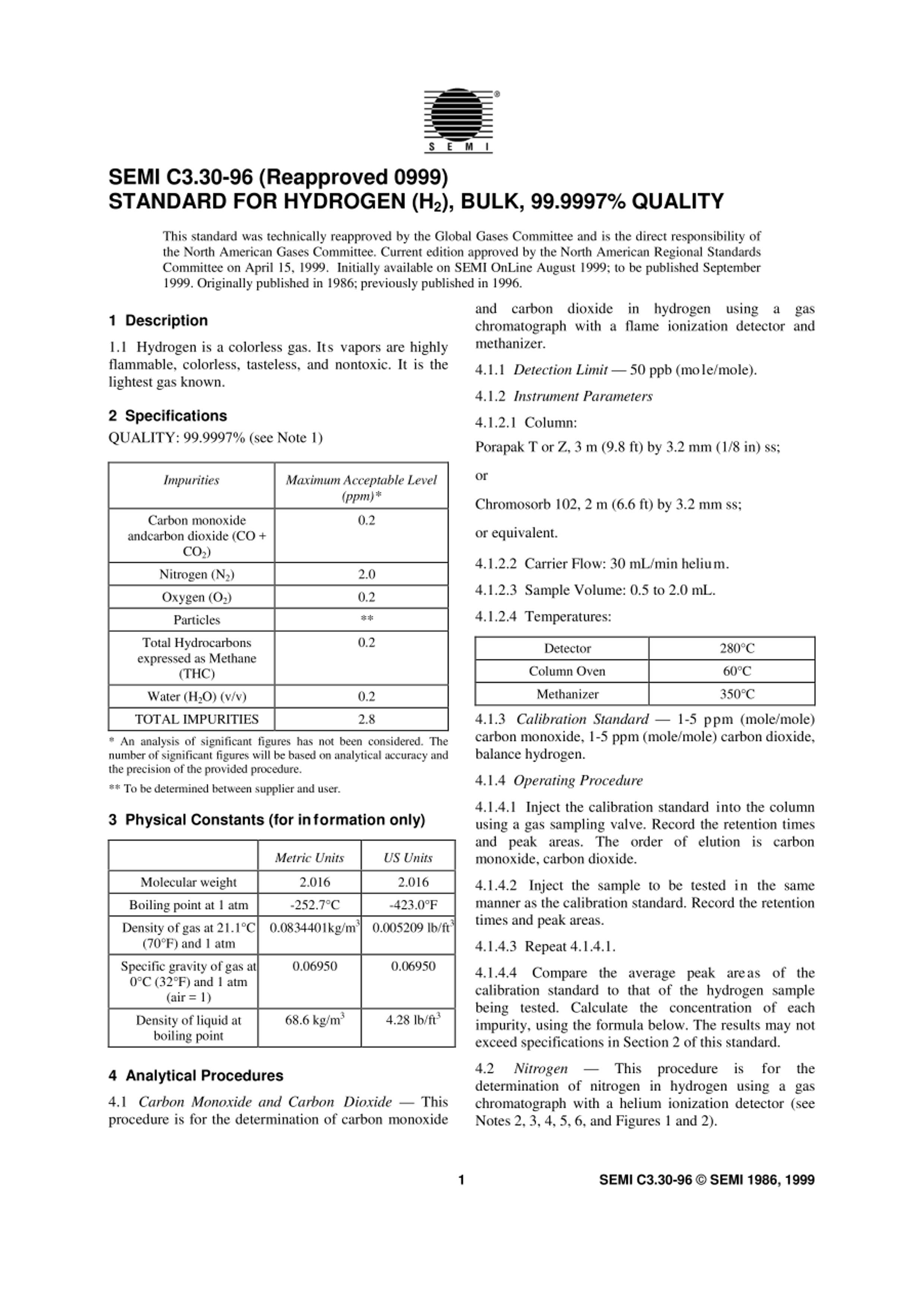 SEMI C3.30-96 (Reapproved 0999) STANDARD FOR HYDROGEN (H2).pdf1ҳ