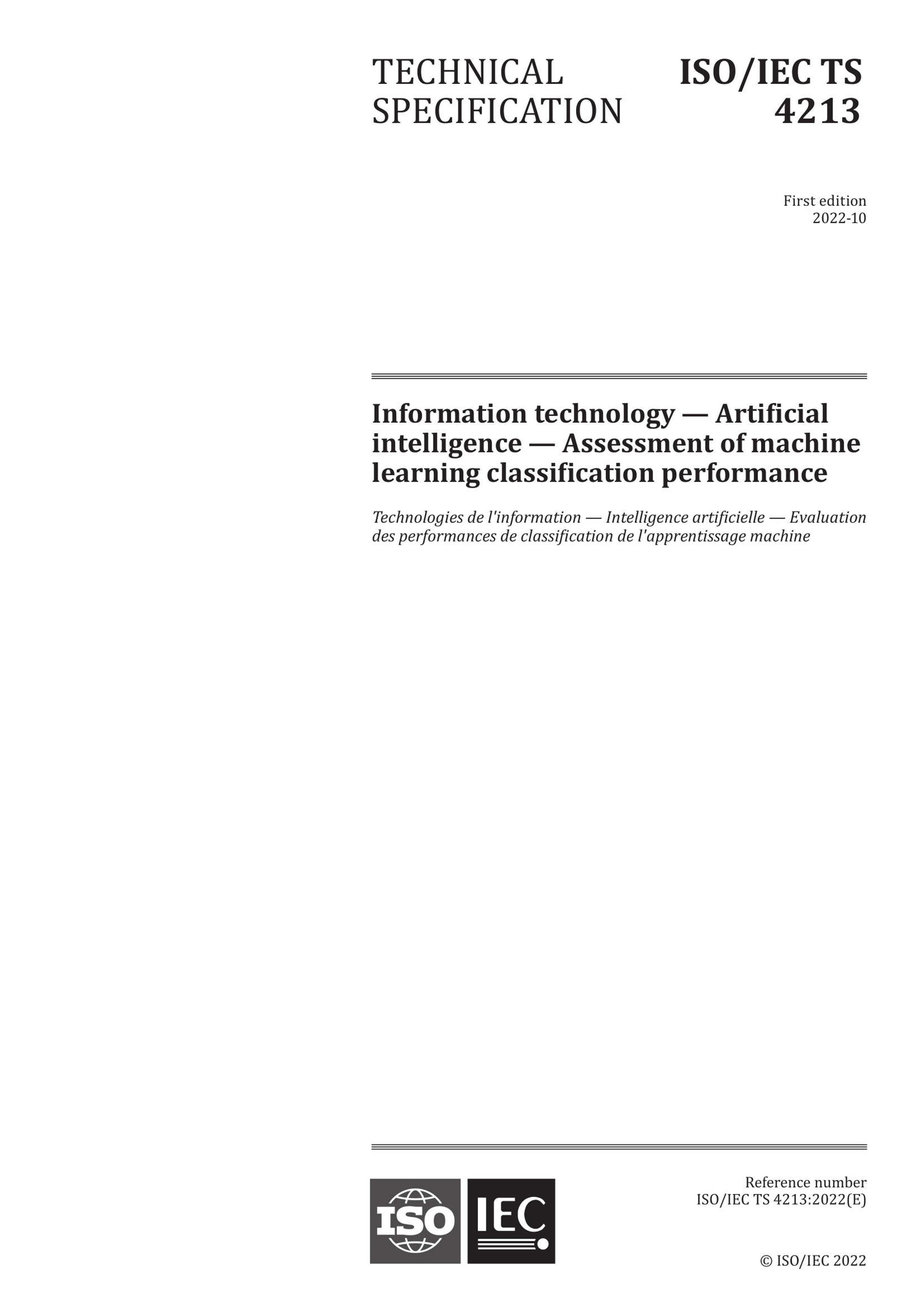 ISOMIEC TS 4213- 2022 Information technology  Artificial intelligence  Assessment of machine learning classification performance.pdf1ҳ