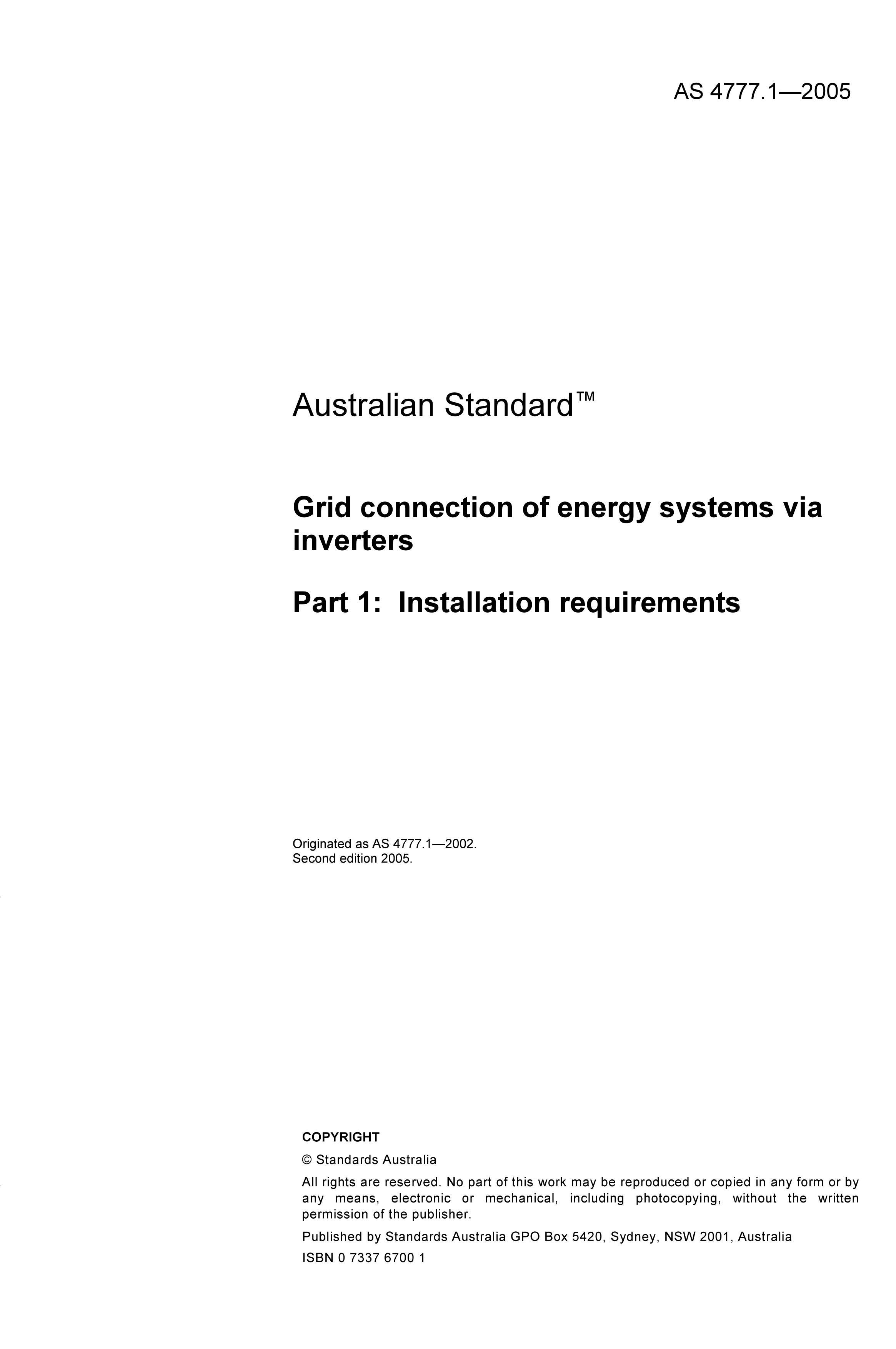AS 4777.1-2005 Grid connection of energy systems via inverters Part 1 Installation requirements .pdf3ҳ
