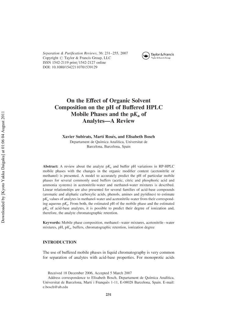 On the Effect of Organic Solvent Composition on the pH of Buffered HPLC Mobile Phases and the pK a of Analytes2ҳ