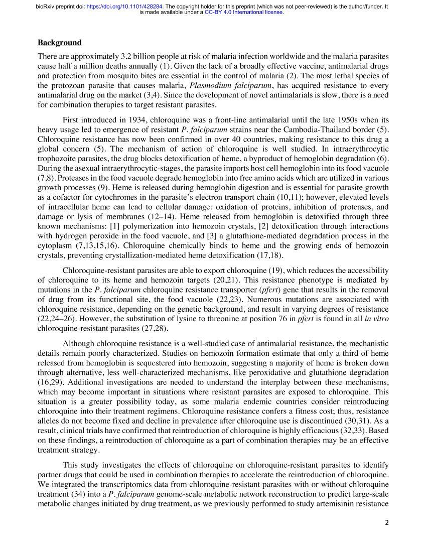 Leveraging the effects of chloroquine on resistant malaria parasites for combination therapies2ҳ