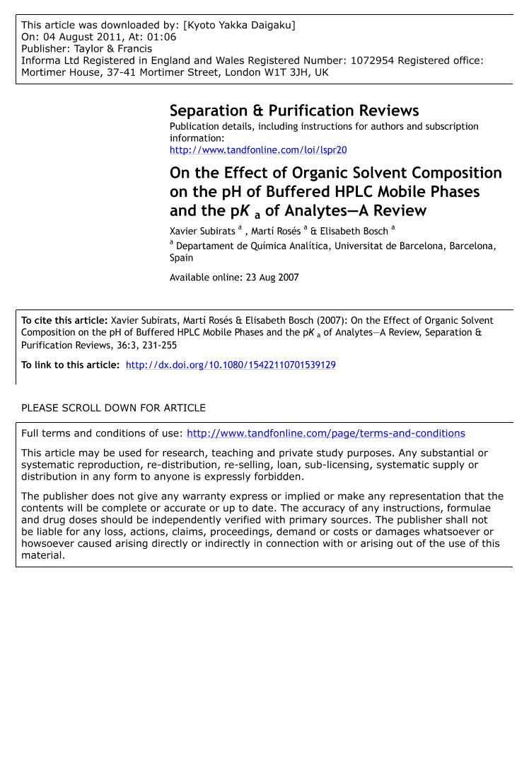 On the Effect of Organic Solvent Composition on the pH of Buffered HPLC Mobile Phases and the pK a of Analytes1ҳ