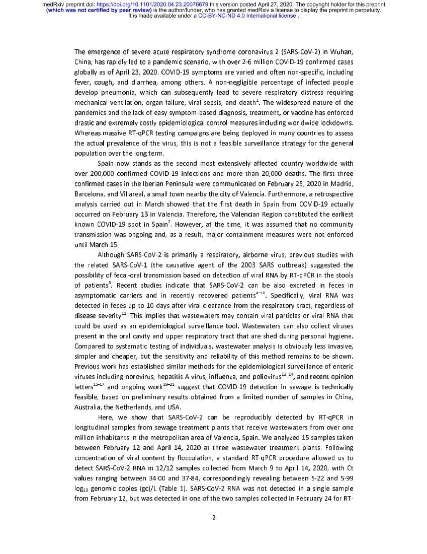 Metropolitan Wastewater Analysis for COVID-19 Epidemiological Surveillance2ҳ