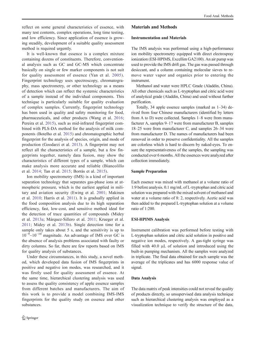 Data Fusion of ion Mobility Spectrometry Combined with Hierarchical Clustering Analysis for the Quality Assessment of Apple Essence2ҳ