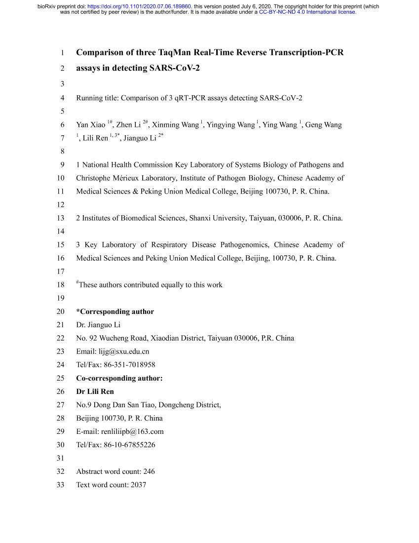 Comparison of three TaqMan Real-Time Reverse Transcri-ption-PCR assays in detecting SARS-CoV-21ҳ