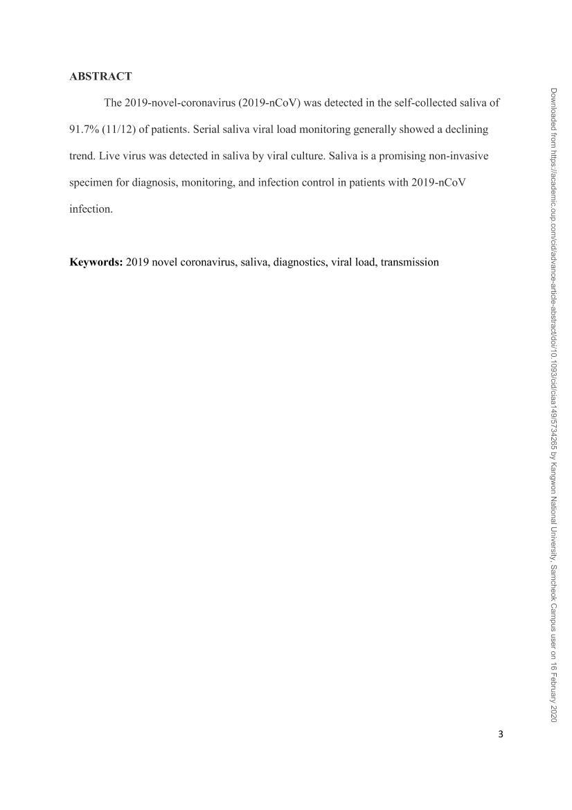 Consistent detection of 2019 novel coronavirus in saliva3ҳ