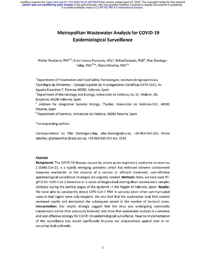 Metropolitan Wastewater Analysis for COVID-19 Epidemiological Surveillance1ҳ