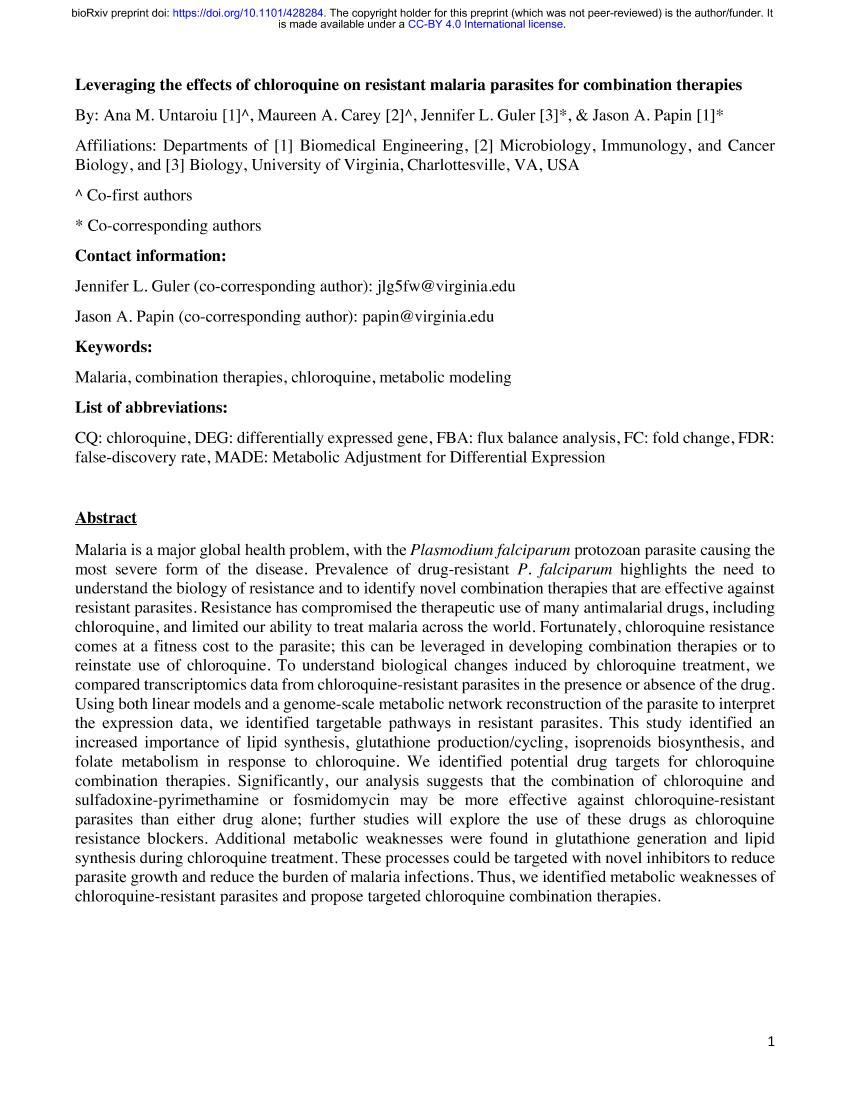 Leveraging the effects of chloroquine on resistant malaria parasites for combination therapies1ҳ