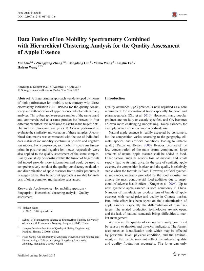 Data Fusion of ion Mobility Spectrometry Combined with Hierarchical Clustering Analysis for the Quality Assessment of Apple Essence1ҳ