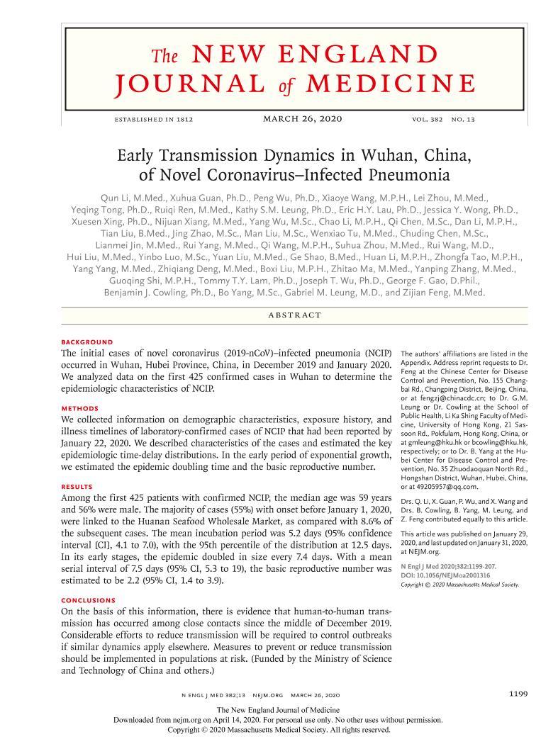 Early Transmission Dynamics in Wuhan, China, of Novel CoronavirusCInfected Pneumonia1ҳ