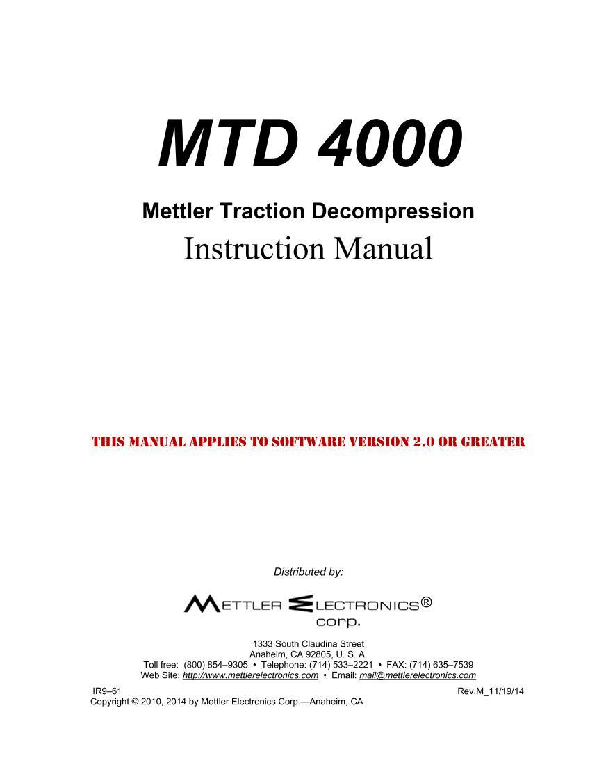 MTD 4000 Mettler Traction Decompression Instruction Manual1ҳ