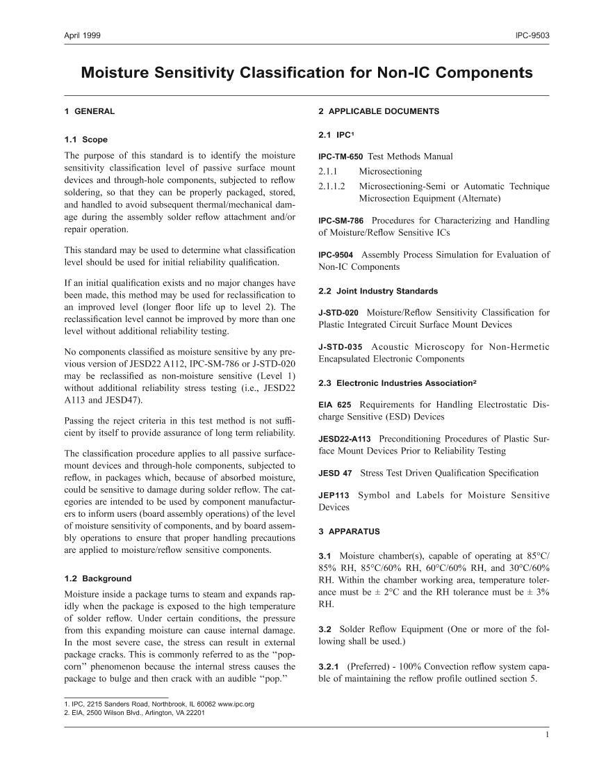 Sensitive Normal File Classification IPC-9503-1999 Moisture Sensitivity Classification for Non-IC Components ...
