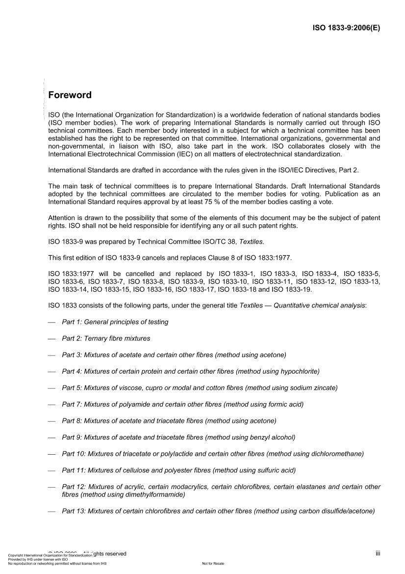 ISO 1833-92006 Textiles -- Quantitative chemical analysis -- Part 9Mixtures of acetate and triacetate fibres (method using benzyl alcohol)3ҳ