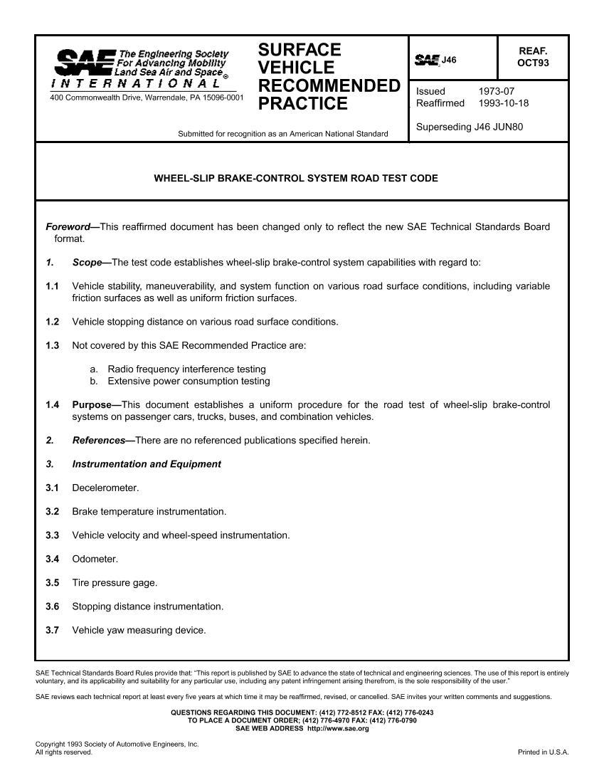 SAE J46 WHEEL-SLIP BRAKE-CONTROL SYSTEM ROAD TEST CODE1ҳ