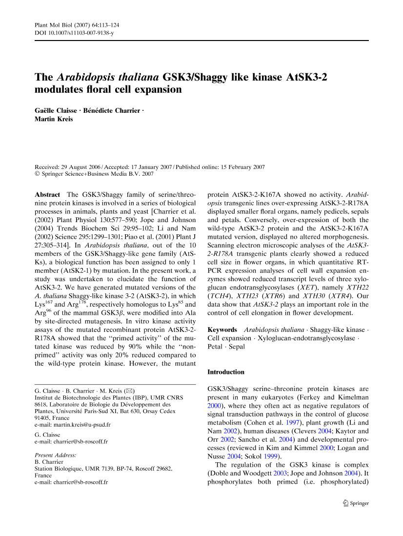 The Arabidopsis thaliana GSK3Shaggy like kinase AtSK3-2 modulates floral cell expansion1ҳ