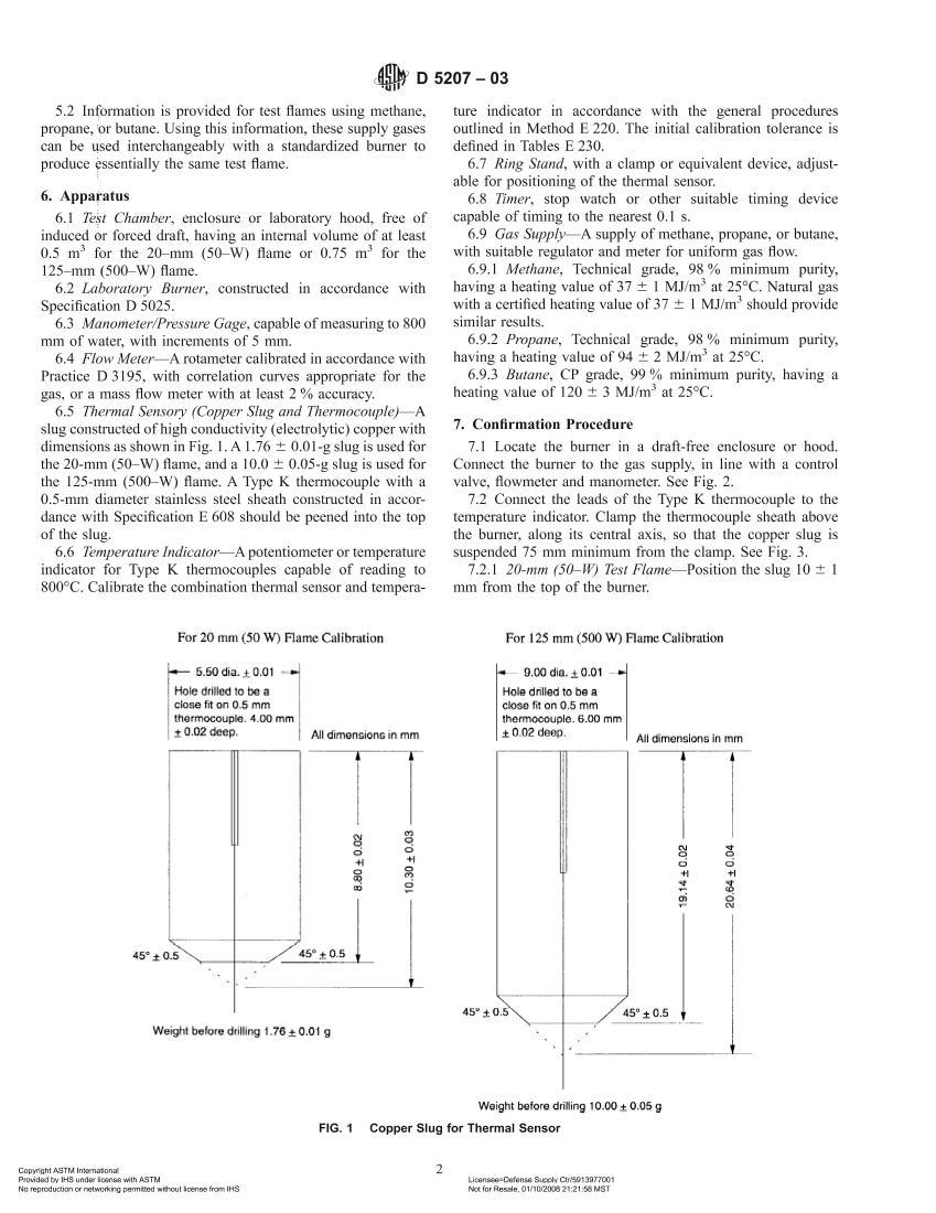 ASTMD5207-2003 Standard Practice for Confirmation of 20Cmm (50CW) and 125Cmm (500CW) Test Flames for Small-Scale Burning Tests on Plastic Materials2ҳ