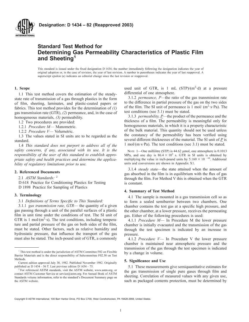 D 1434C82 R03 Standard Test Method for Determining Gas Permeability Characteristics of Plastic Film and Sheeting1ҳ